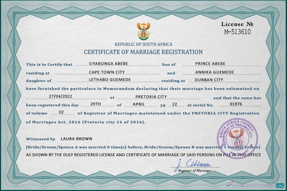 Download South Africa marriage certificate PSD template, completely editable Photoshop template